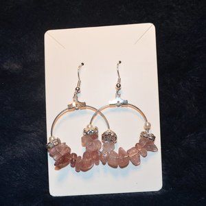 Pink Amethyst Stone Silver Hanging Hoop Earrings